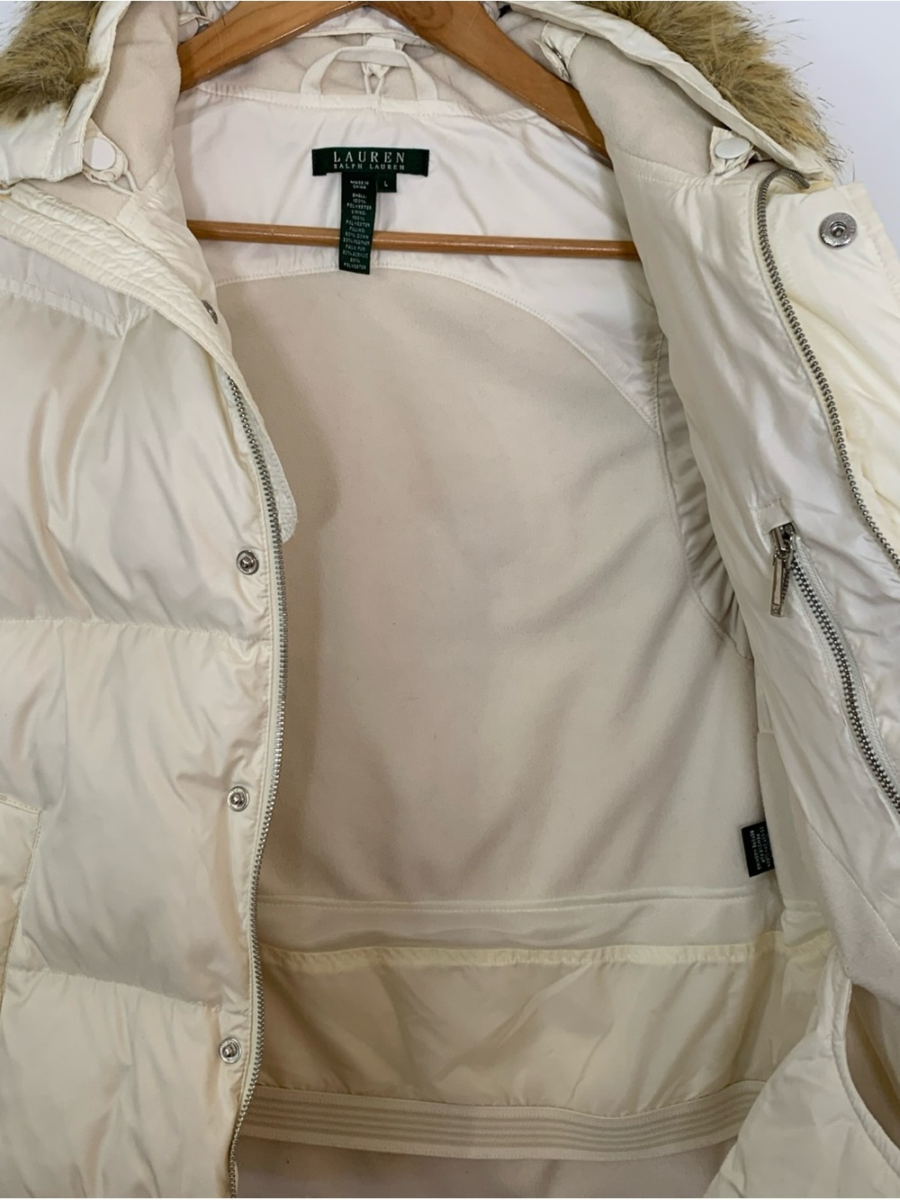 Lauren Ralph Lauren Down Puffer Vest Stand Faux Fur Collar Sz L  Cream/White - Picture 6 of 10